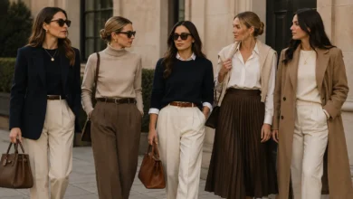 Women wearing elegant old money outfits in neutral colors with blazers, tailored trousers, knitwear, and leather handbags