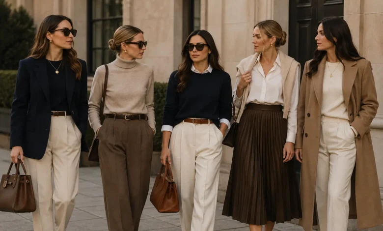 Women wearing elegant old money outfits in neutral colors with blazers, tailored trousers, knitwear, and leather handbags
