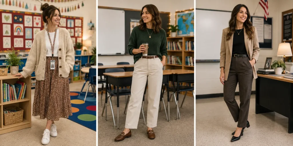 Three teachers wearing stylish fall outfits for elementary, middle school, and high school classrooms, showcasing professional seasonal fashion for different grade levels.