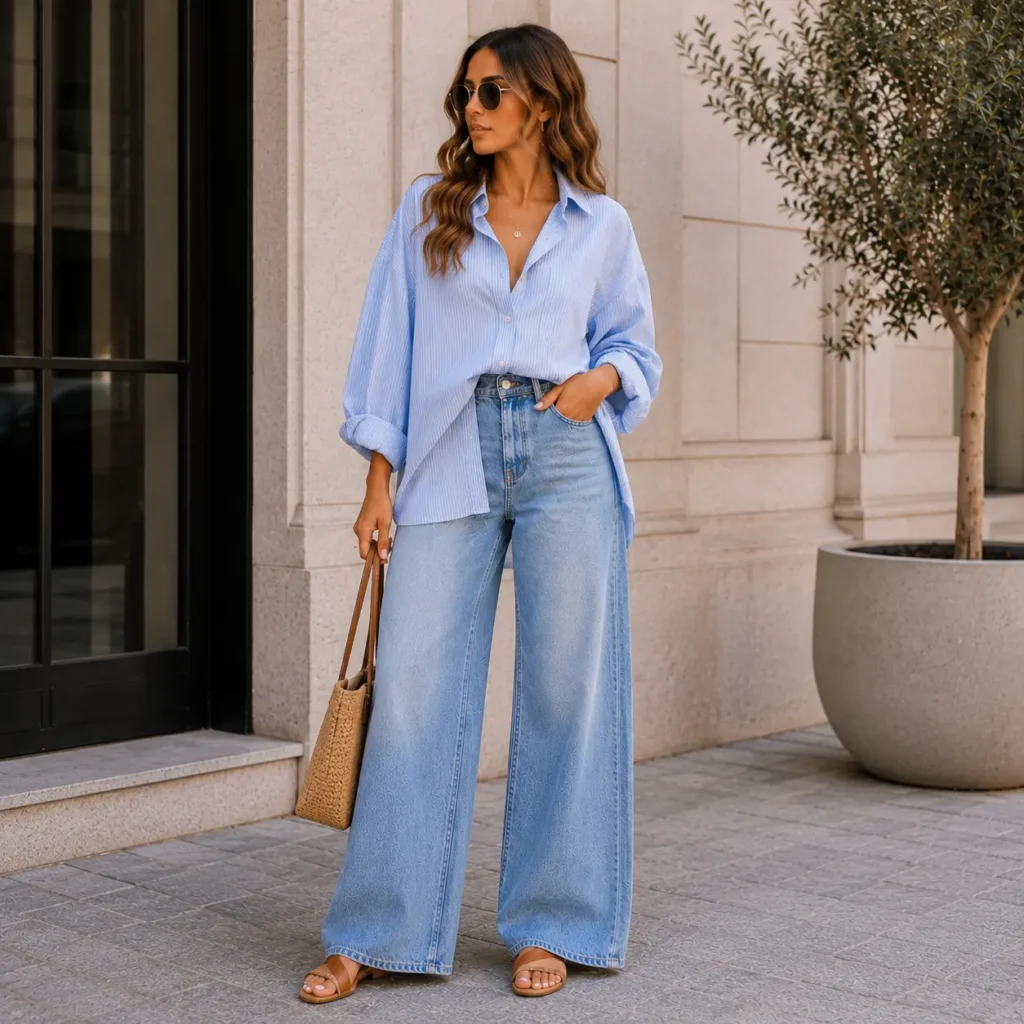 Woman wearing an oversized button-down shirt with wide leg jeans and sandals