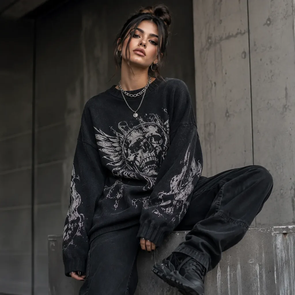 Woman wearing an oversized graphic pullover with edgy streetwear styling