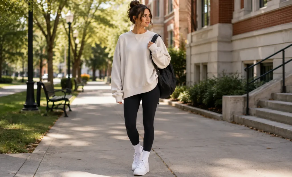 Young woman wearing an oversized sweatshirt, black leggings, and sneakers on a college campus