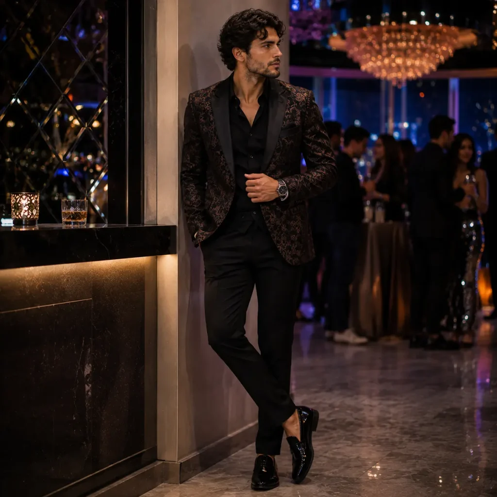 Man wearing a patterned blazer, black shirt, tailored trousers, and glossy shoes at an elegant evening party.
