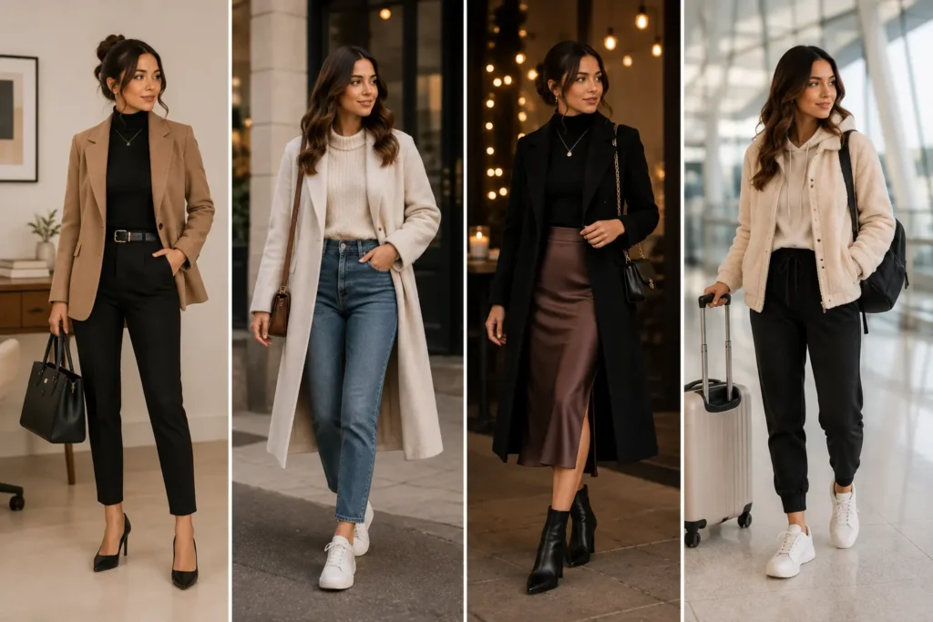 Petite winter outfit ideas for work, casual outings, date night, and travel with stylish cold-weather clothing