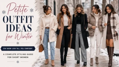 Petite woman wearing stylish winter outfits with coats, boots, and layered clothing for cold-weather fashion inspiration