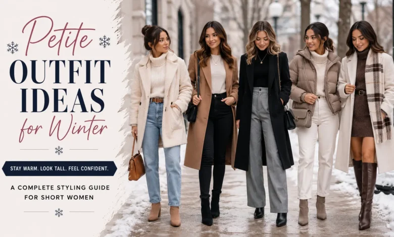 Petite woman wearing stylish winter outfits with coats, boots, and layered clothing for cold-weather fashion inspiration