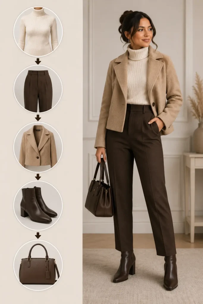 Petite winter outfit formula featuring a turtleneck sweater, tailored trousers, cropped coat, ankle boots, structured handbag, and complete styled look