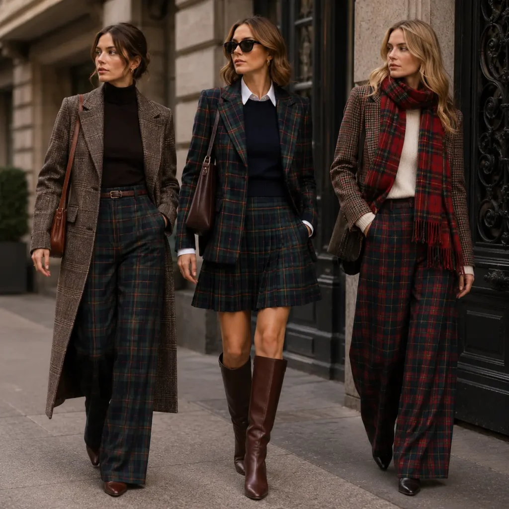 Fashion looks featuring bold plaid and tartan patterns in layered outfits.