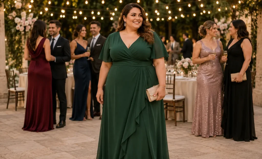 Elegant plus-size wedding guest wearing a forest green wrap dress at an outdoor wedding reception.