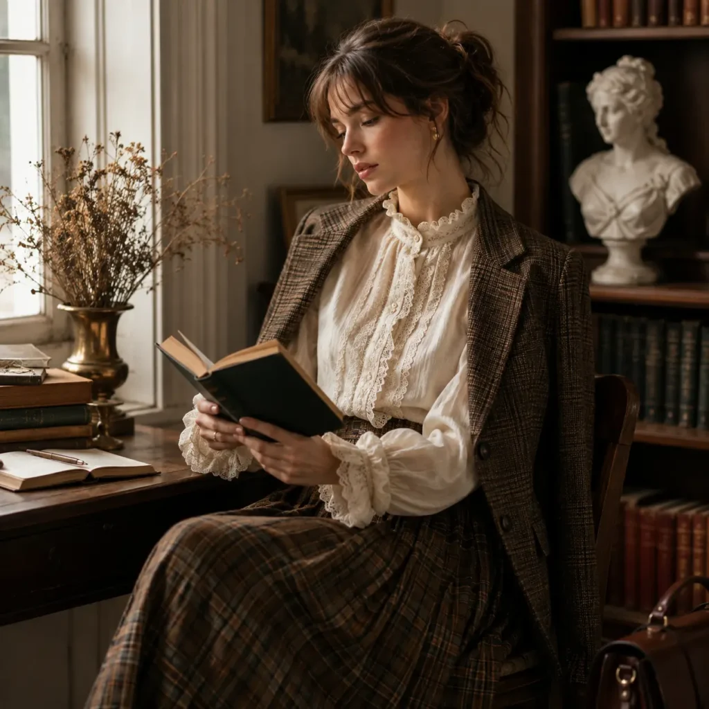Poetcore fashion featuring a romantic literary-inspired outfit with vintage details.