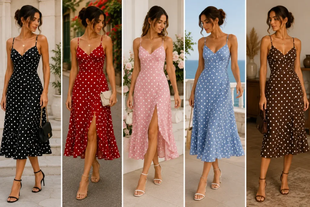 Black, red, pink, blue, and brown polka dot dresses with stylish outfit inspiration.