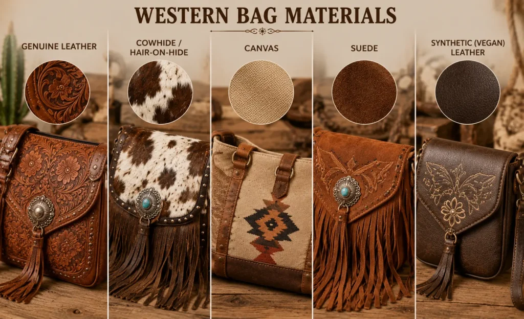 Western bags made from genuine leather, cowhide, canvas, suede, and synthetic vegan leather