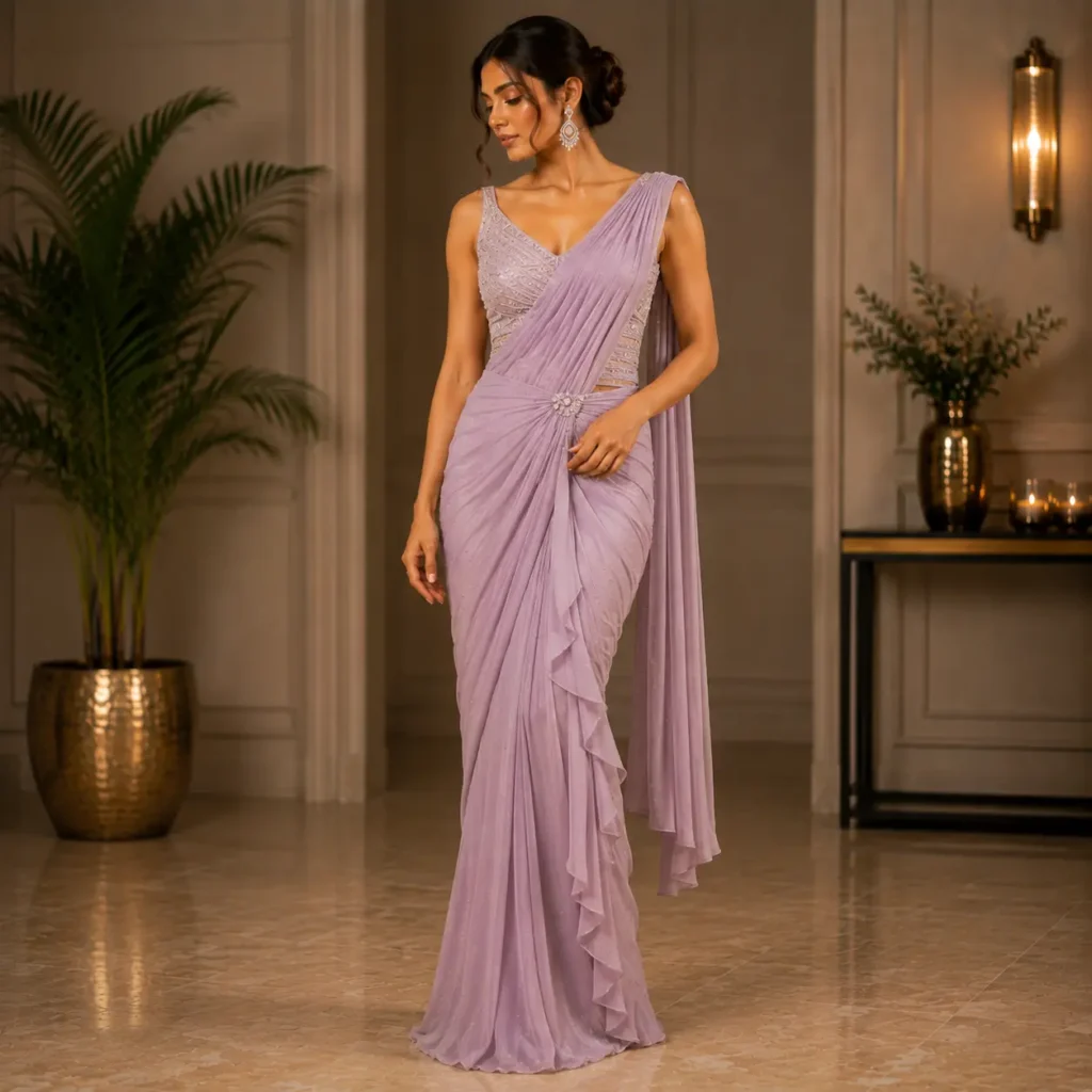 Elegant pre-draped saree outfit with modern ruffle detailing