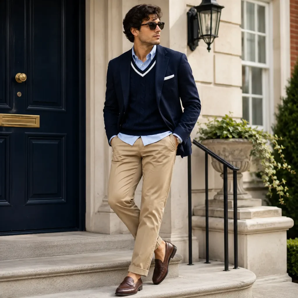 Man wearing a navy blazer, cable-knit sweater, button-down shirt, khaki trousers, and brown loafers in a polished preppy outfit.