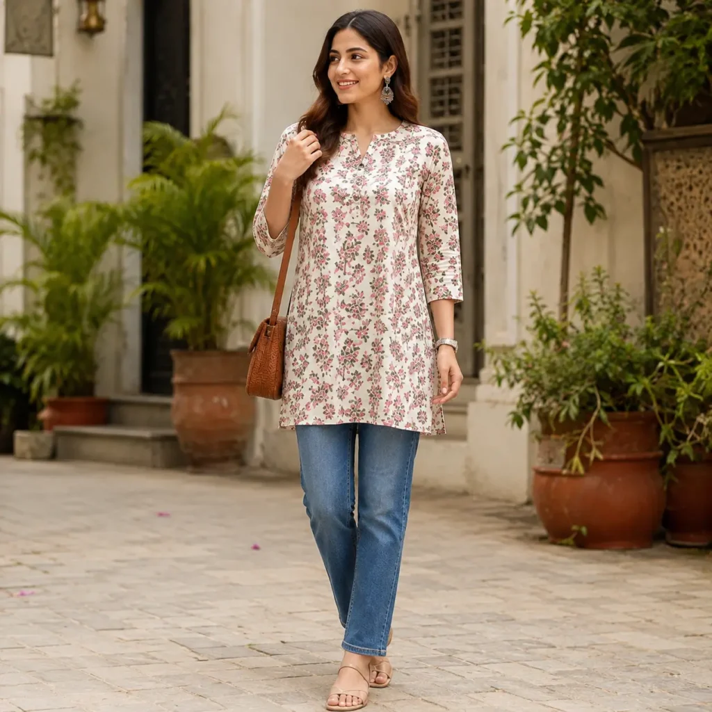 Printed cotton kurti with straight-fit jeans for women