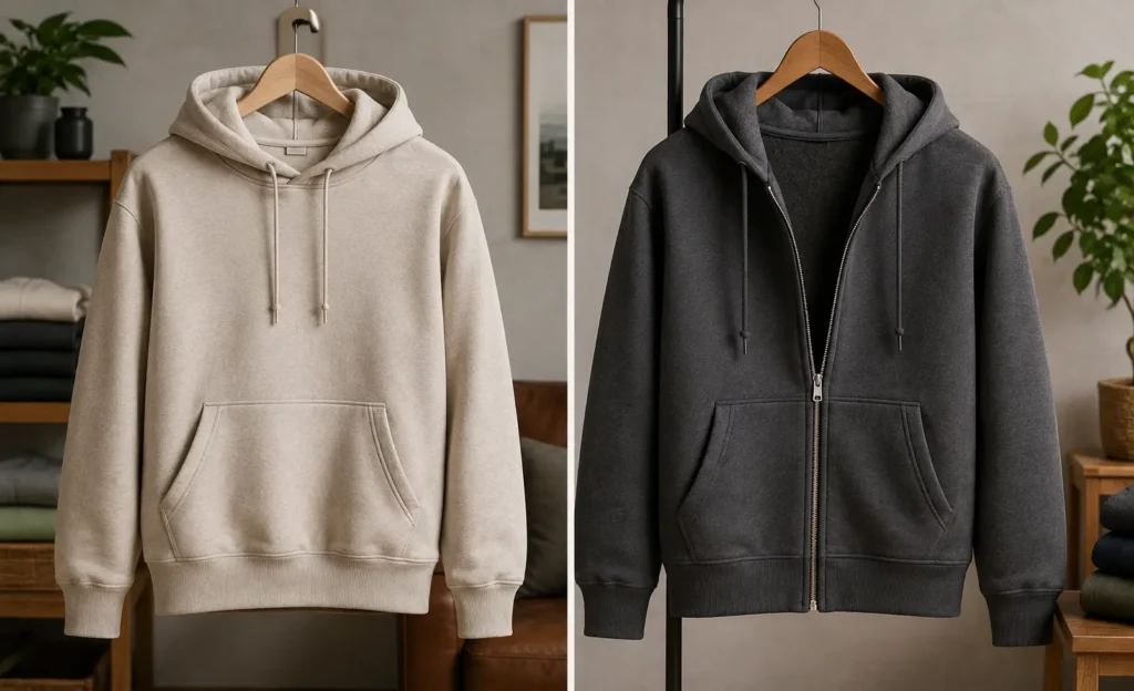 Pullover hoodie and zip-up hoodie displayed side by side for a comfort and style comparison.