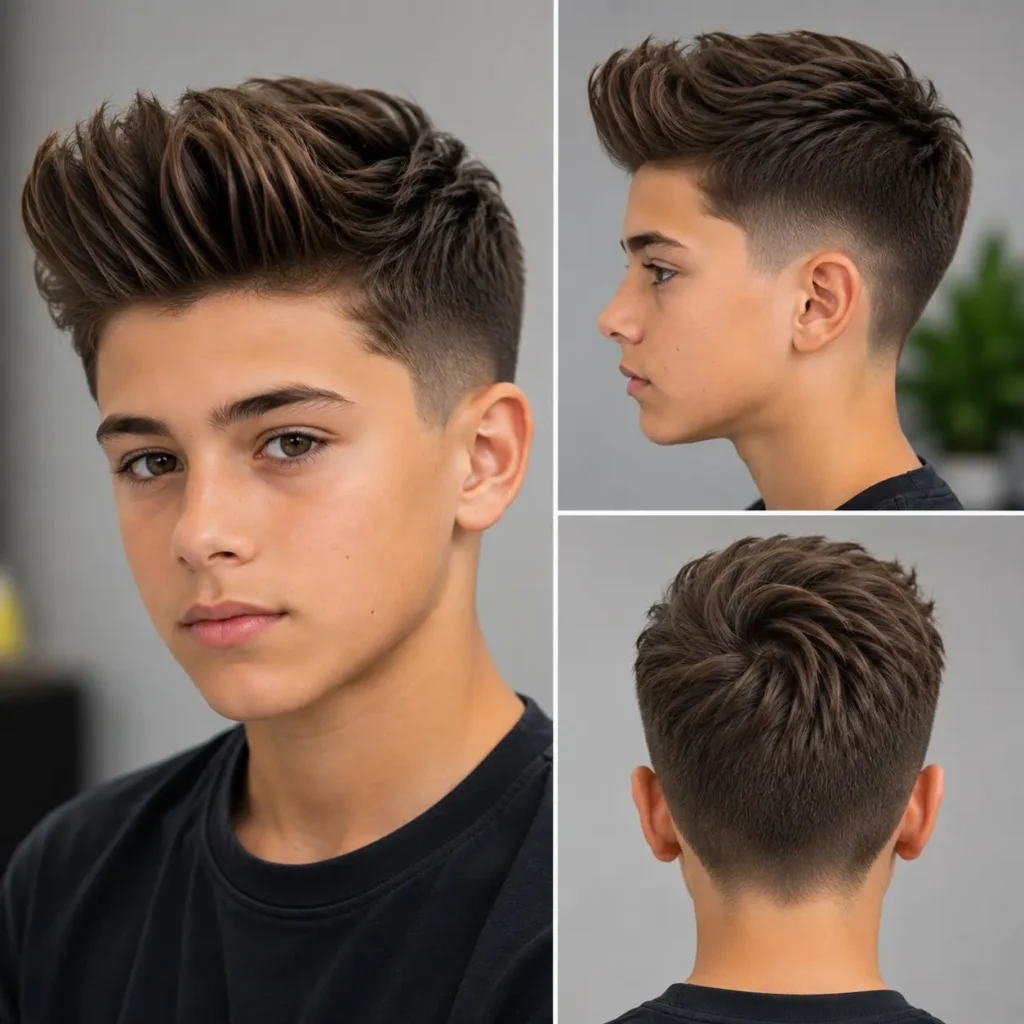 Modern quiff hairstyle with voluminous textured top and faded sides