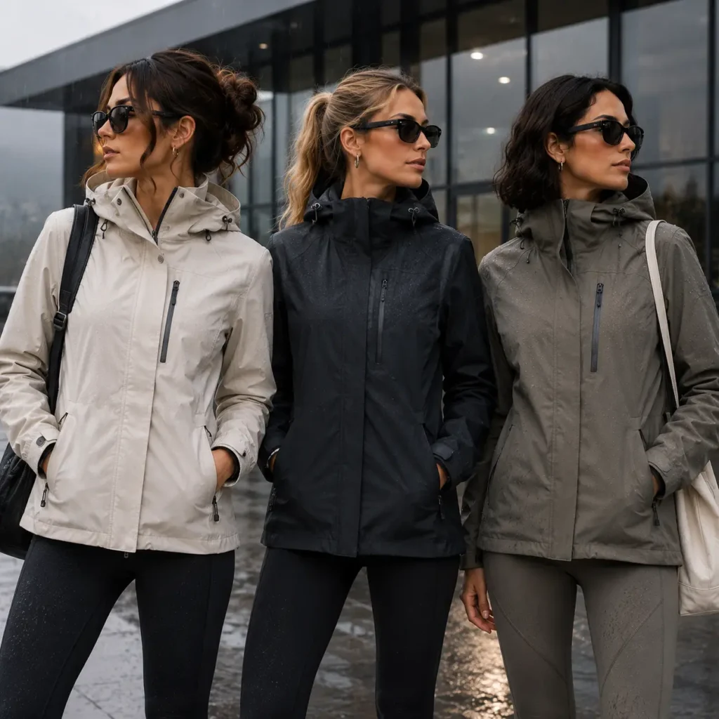Technical rainproof outerwear styled for a sleek urban look in a rainy city setting.