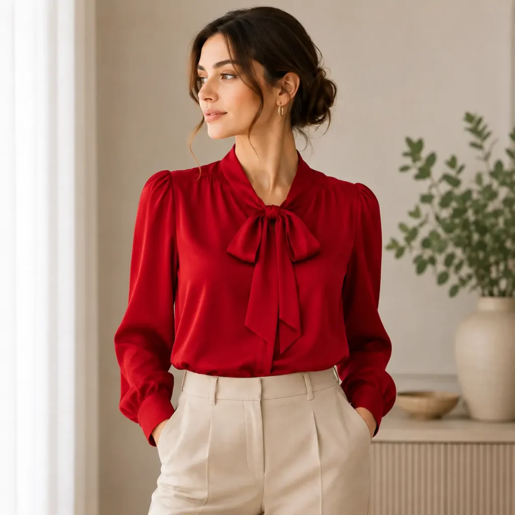 Woman wearing a red satin bow-neck blouse with cream tailored trousers in a softly lit interior.