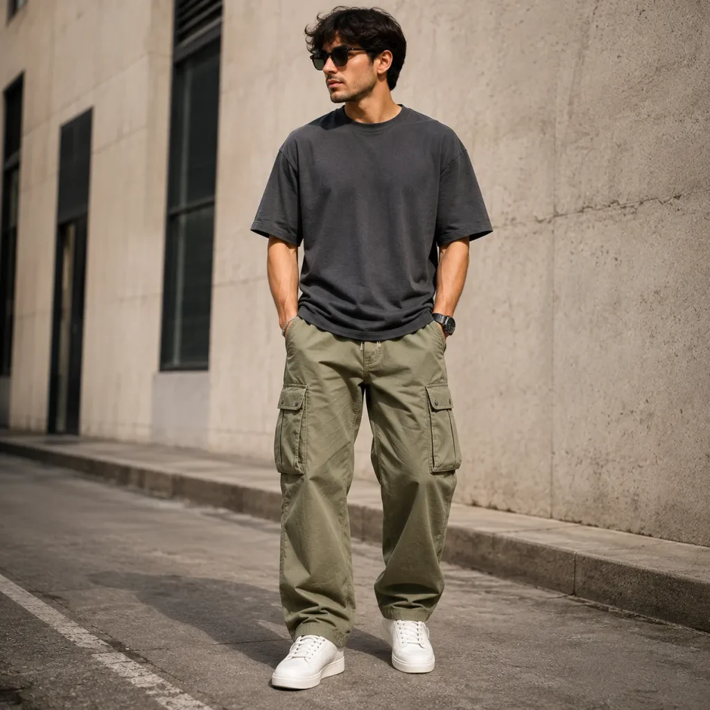 Young man wearing relaxed fit olive cargo pants, a charcoal T-shirt, sunglasses, and white sneakers on a city street.