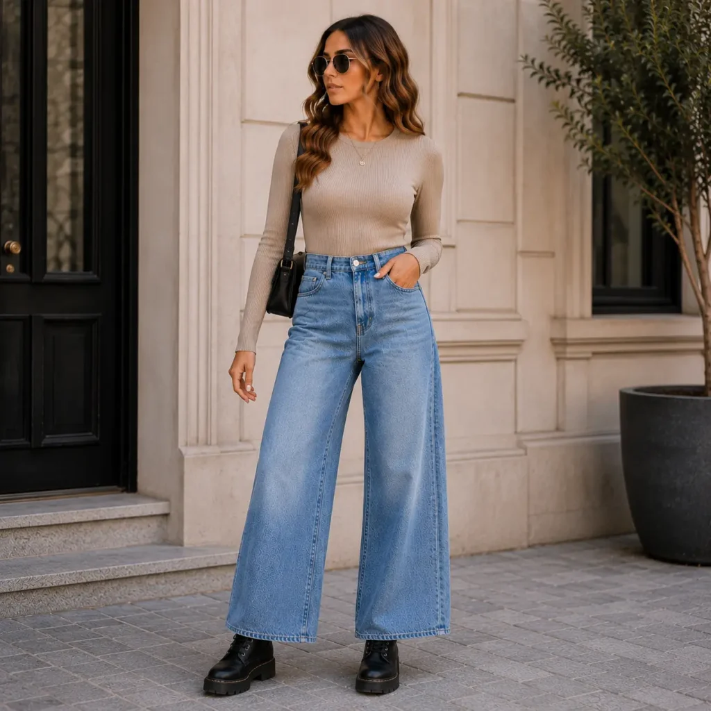 Woman wearing a ribbed long-sleeve top with wide leg jeans and combat boots