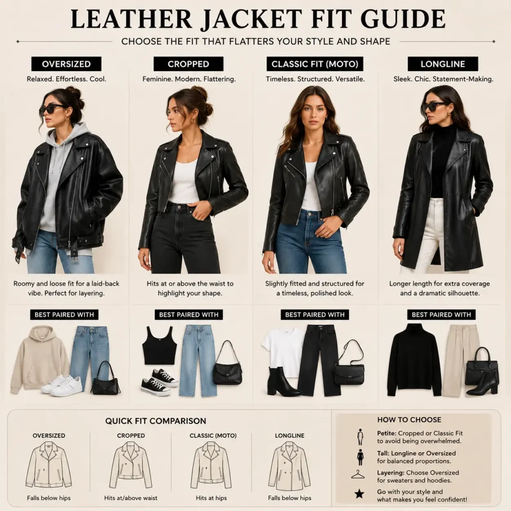 Women wearing oversized, cropped, classic moto, and longline leather jackets
