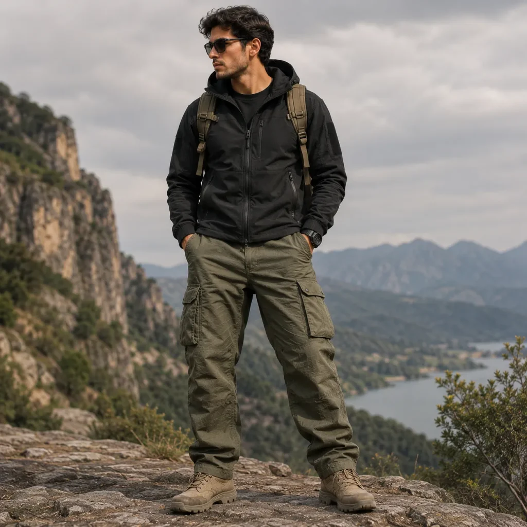 Young man wearing durable olive ripstop cargo pants with a black outdoor jacket and hiking boots on a mountain overlook.
