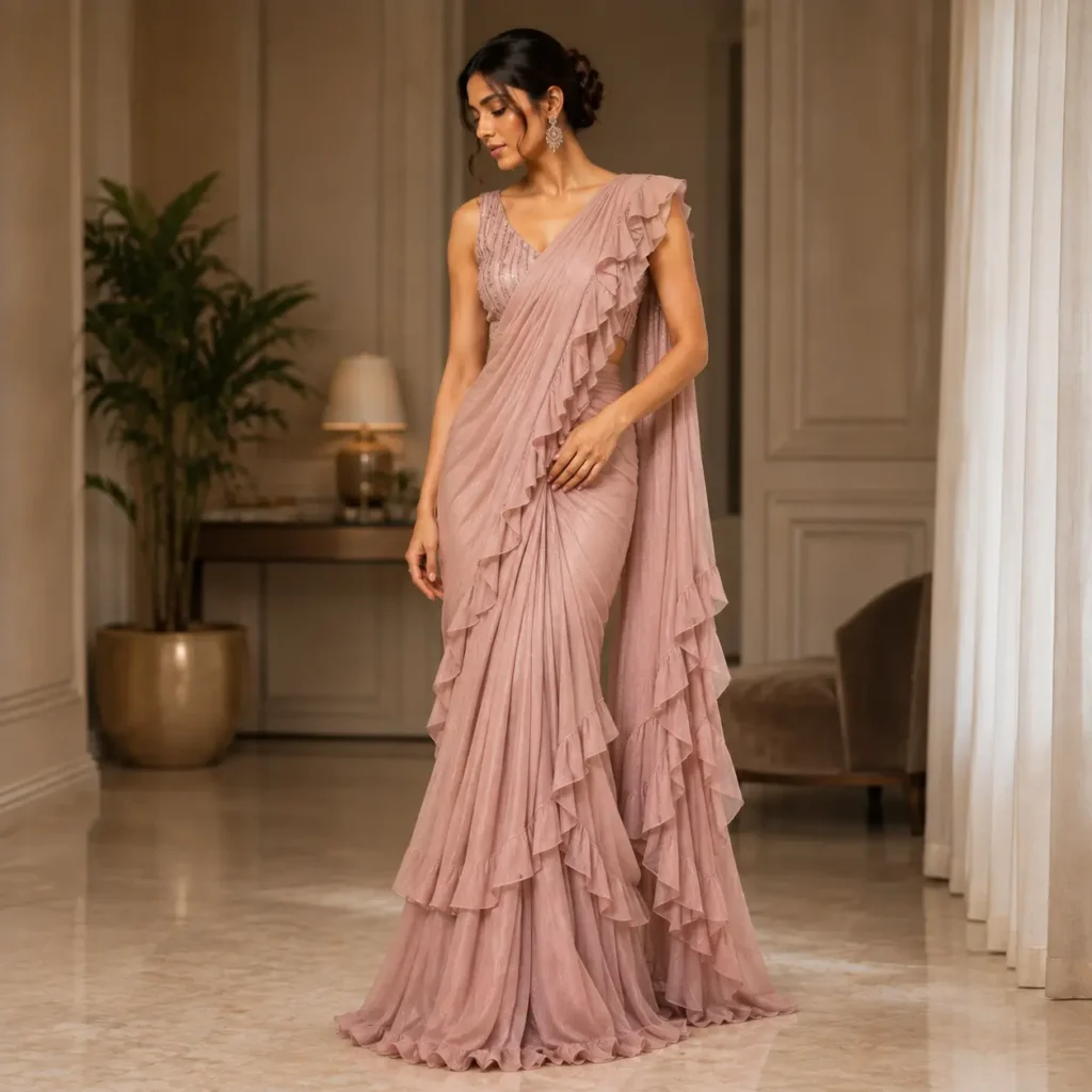 Elegant ruffle saree design with layered ruffle details for women