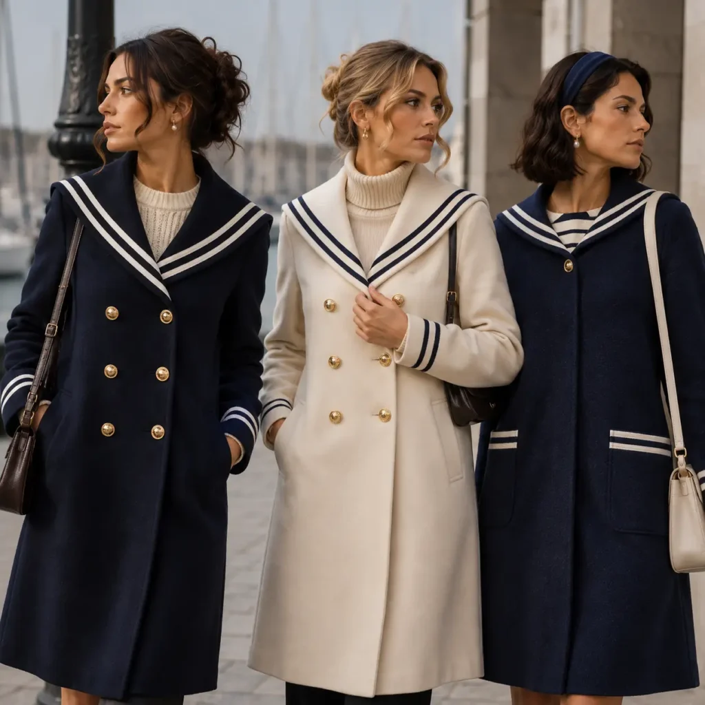 Elegant sailor-style coats featuring navy and ivory tones, striped details, and gold buttons.