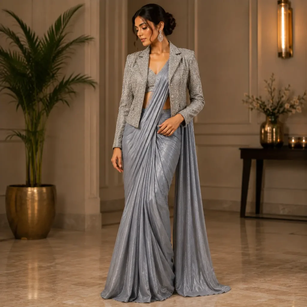 Contemporary saree with stylish embellished jacket for women