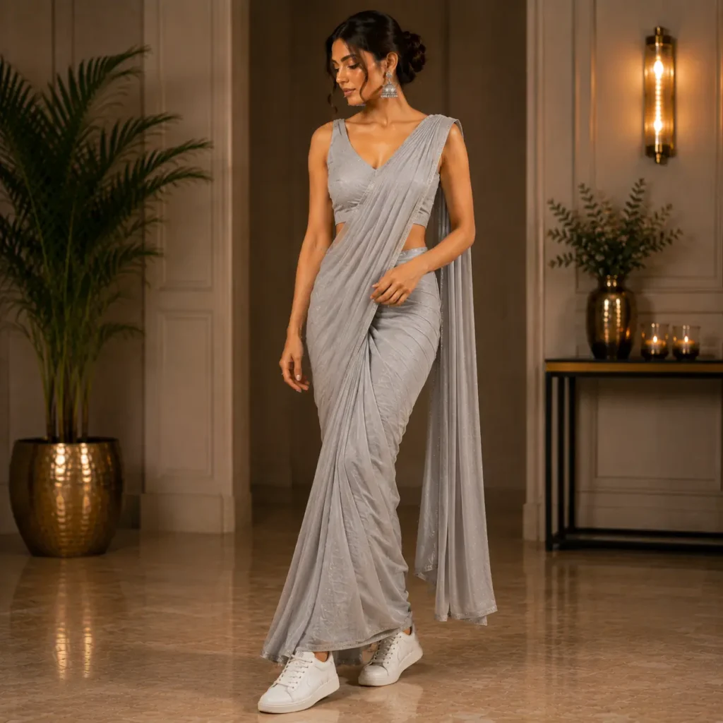 Modern saree with white sneakers for a stylish Indo-Western look