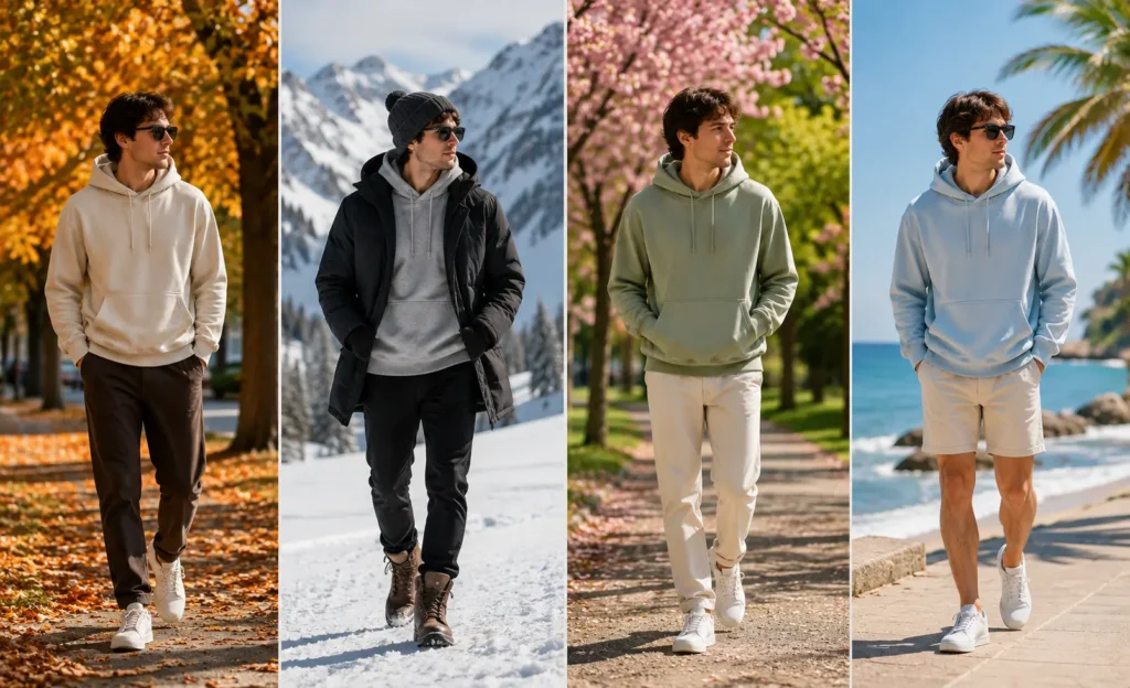 The same hoodie styled for fall, winter, spring, and summer to show year-round comfort and versatility.