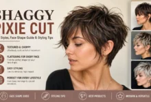 Woman with a textured shaggy pixie cut showcasing modern layers, soft volume, and effortless styling.
