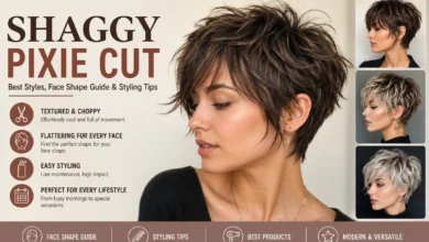 Woman with a textured shaggy pixie cut showcasing modern layers, soft volume, and effortless styling.