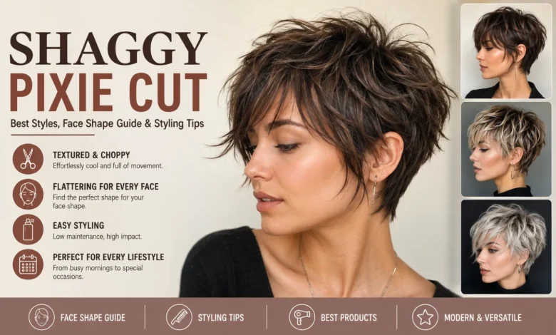 Woman with a textured shaggy pixie cut showcasing modern layers, soft volume, and effortless styling.