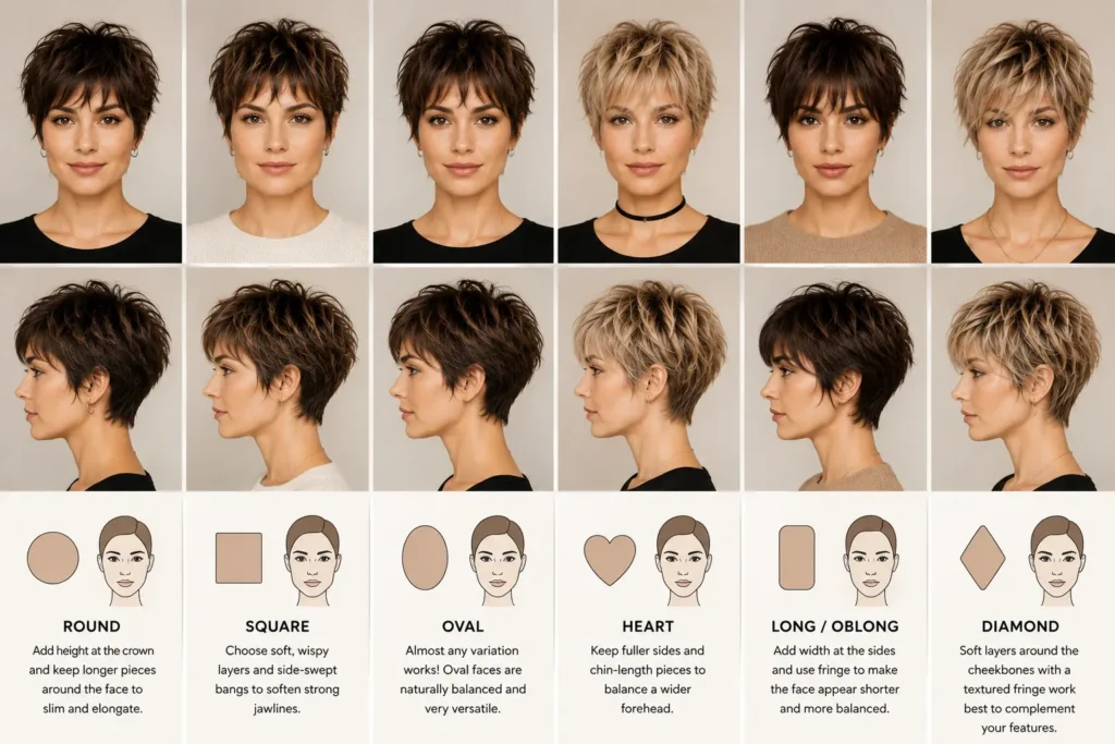 Illustration showing shaggy pixie cut variations for round, square, oval, heart, long, and diamond face shapes.
