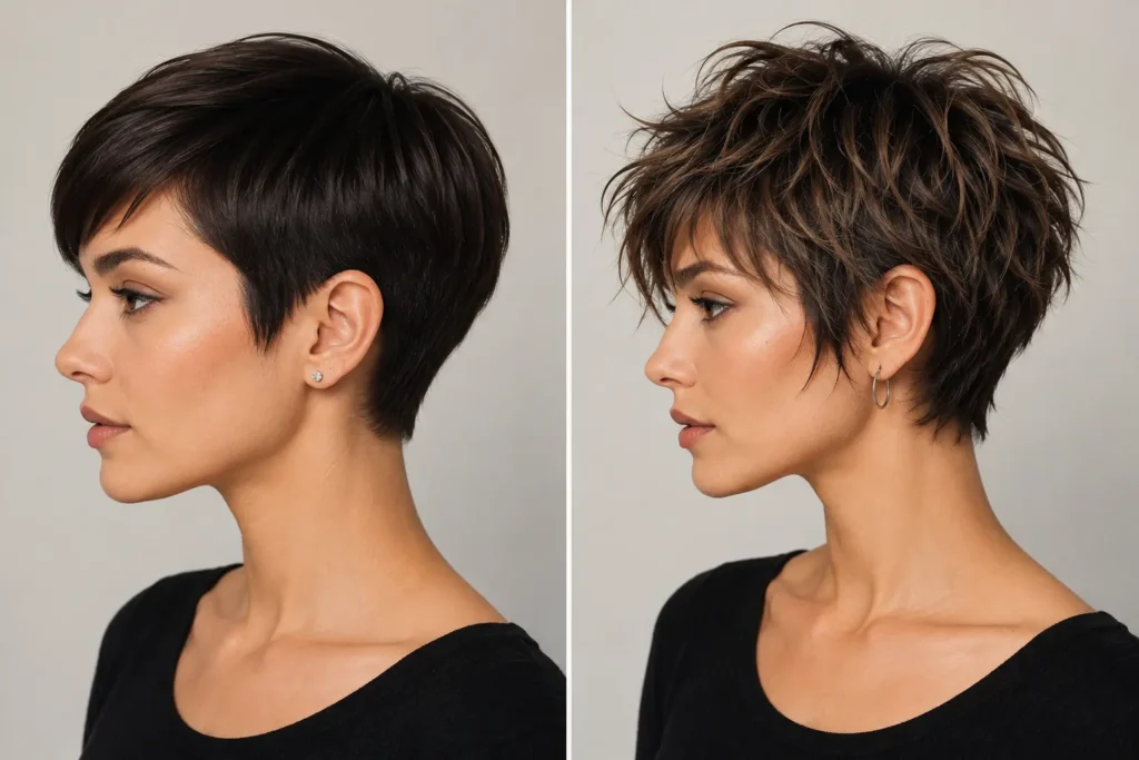 Side-by-side comparison of a classic pixie cut and a shaggy pixie cut highlighting sleek styling versus textured, choppy layers.