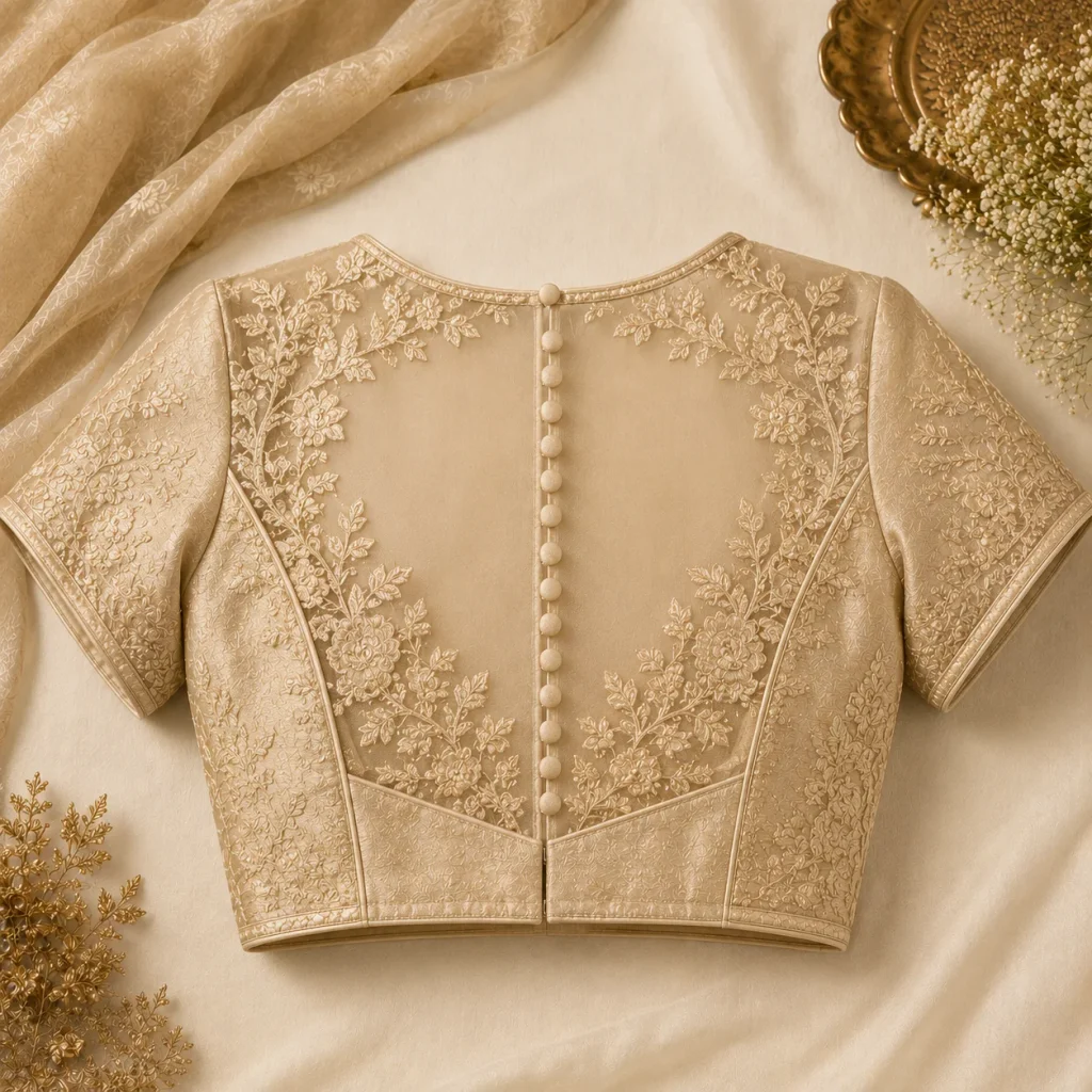 Sheer lace-back blouse with intricate floral embroidery and delicate back detailing