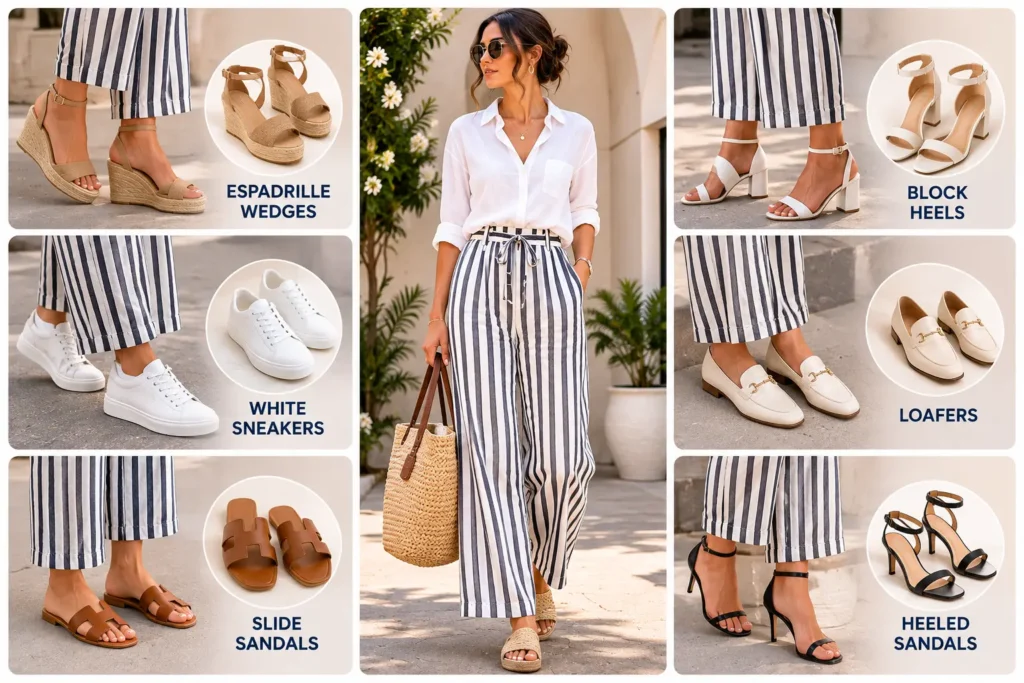 Striped linen pants paired with espadrille wedges, sneakers, block heels, sandals, and loafers