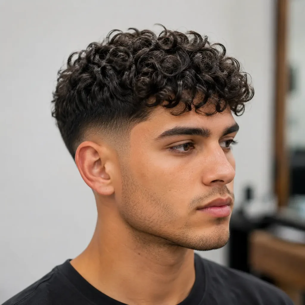 Short curly crop haircut for men with oval faces