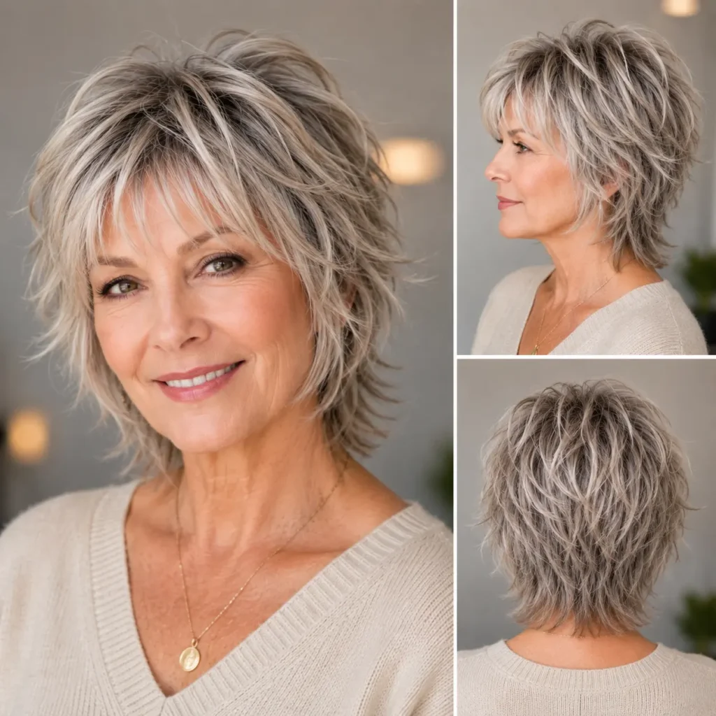 Short layered shag haircut for women over 60 with fine thinning hair