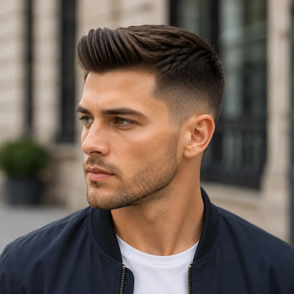 Young man with a short pompadour haircut and tapered sides outdoors