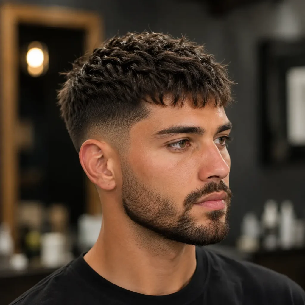 Short textured crop haircut with a neatly groomed beard for men