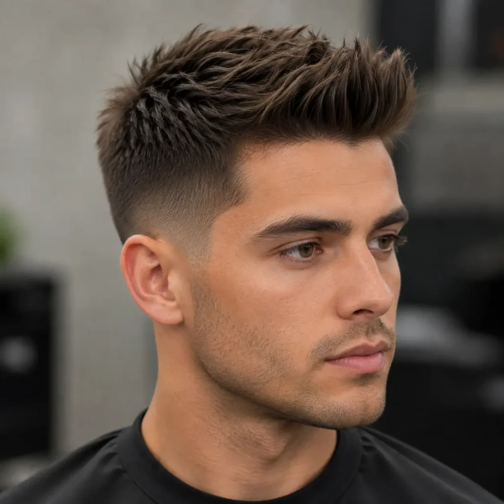 Short textured quiff haircut for men with oval faces