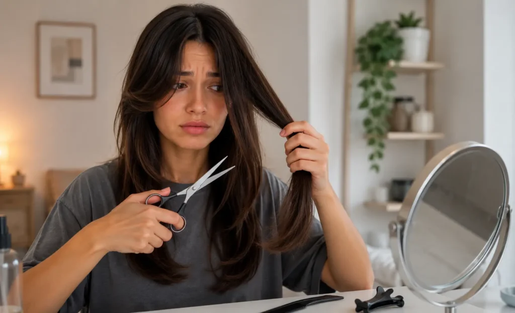 Woman attempting a DIY butterfly haircut at home using hair-cutting scissors while looking into a mirror.