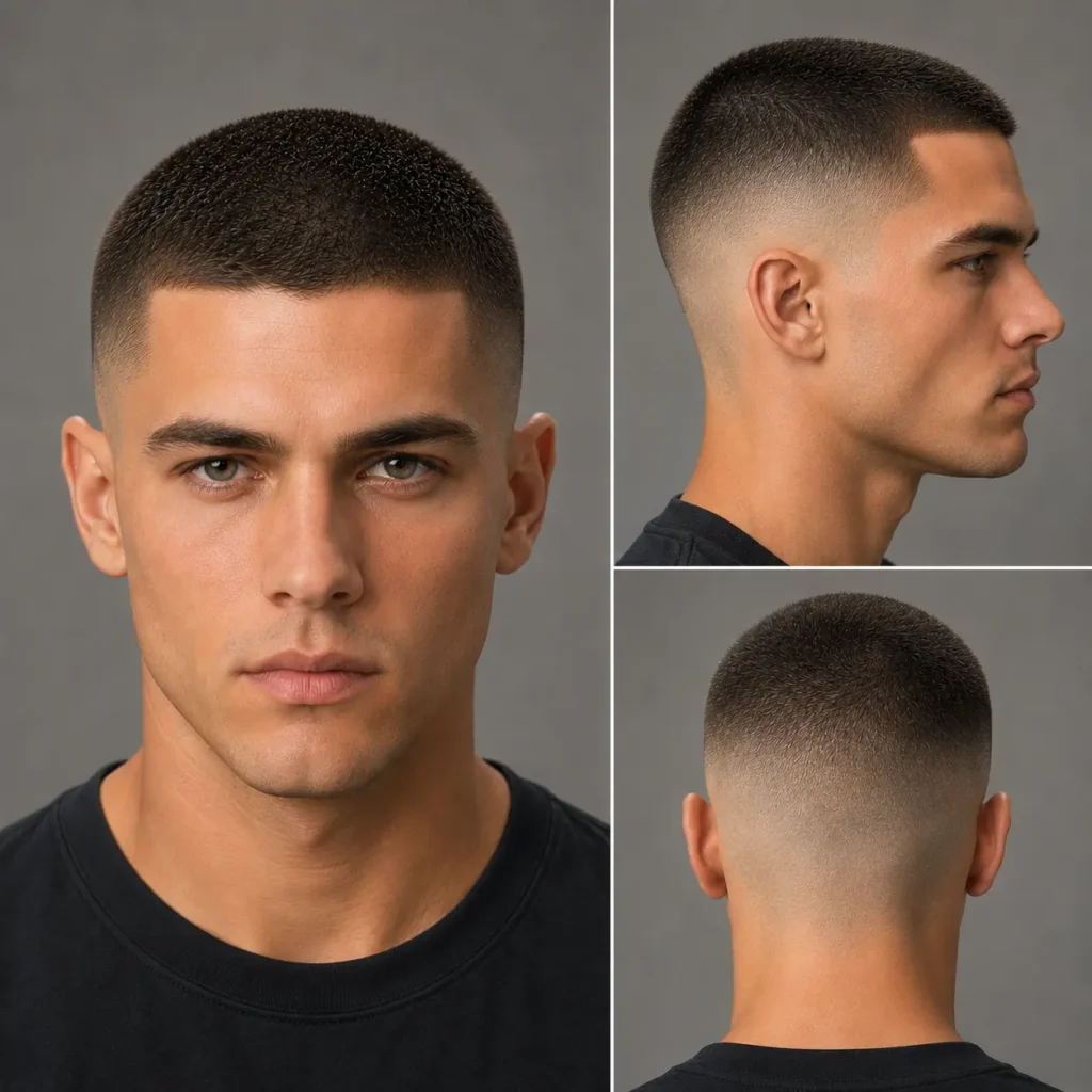 Skin fade buzz cut with smooth faded sides and short textured top