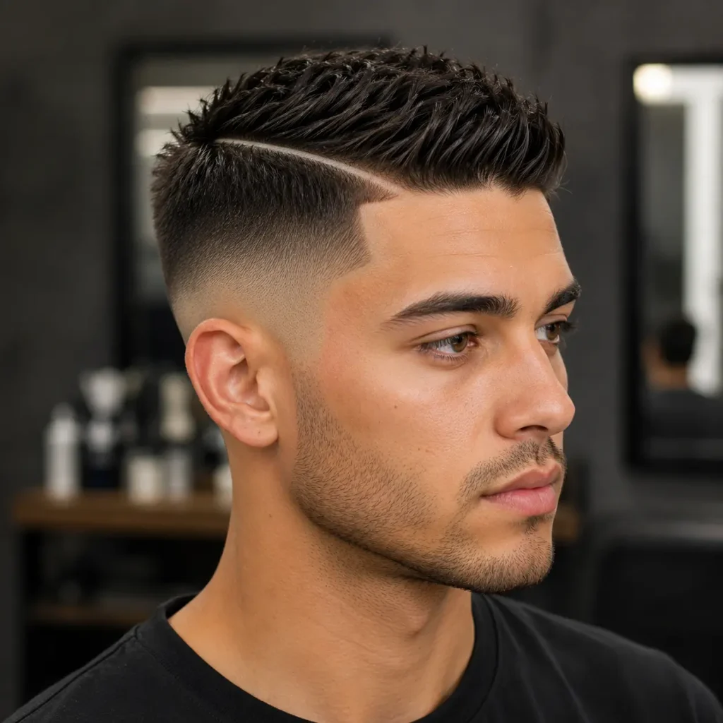 Skin fade haircut with hard part and textured top for men with oval faces