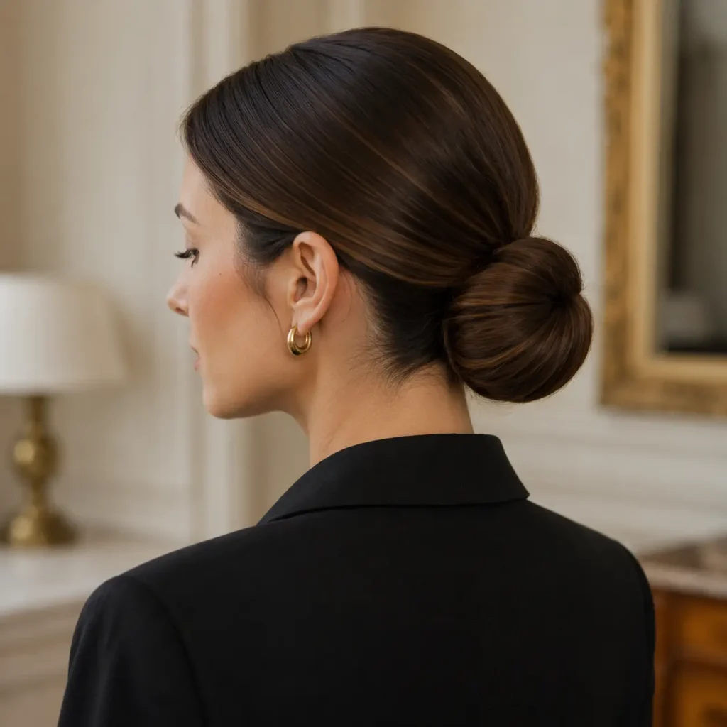 Sleek low bun chignon hairstyle with polished dark brown hair