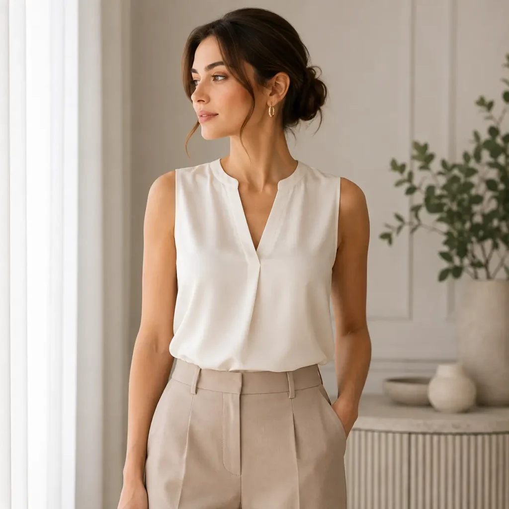 Woman wearing an elegant white sleeveless blouse with tailored beige trousers in a softly lit interior.