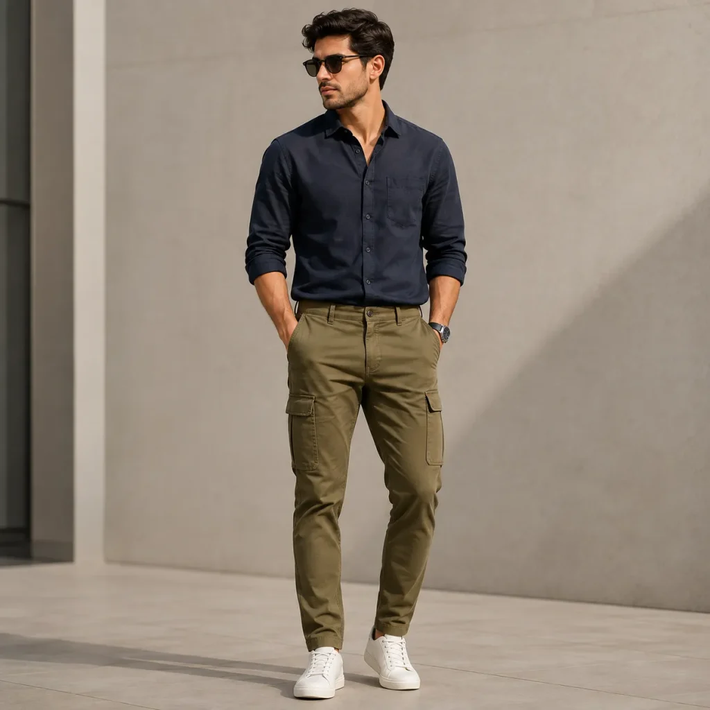 Young man wearing slim fit olive cotton cargo pants with a black T-shirt and white sneakers in an urban setting.